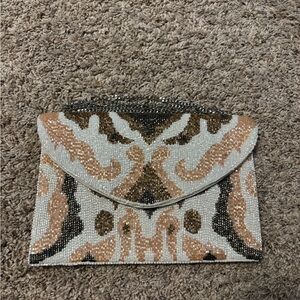 Vici Beaded Envelope Clutch in White, Peach & Gold-Toned